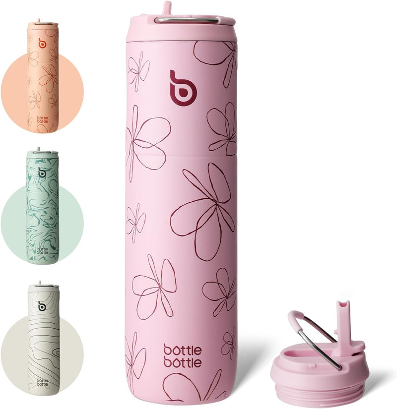 BOTTLE BOTTLE Isolierte Trinkflasche 680 ml(24oz) mit Strohhalm, Deckel und Griff für Sport, Reise,