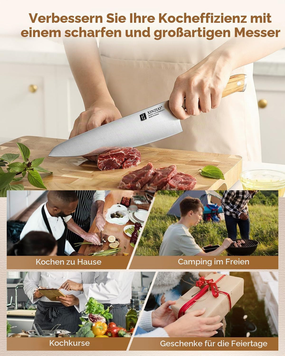 XINZUO Edelstahl 21cm Kochmesser -Profi Geschmiedet Scharf Chefmesser Deutschem 1.4116 Edelstahl Küc