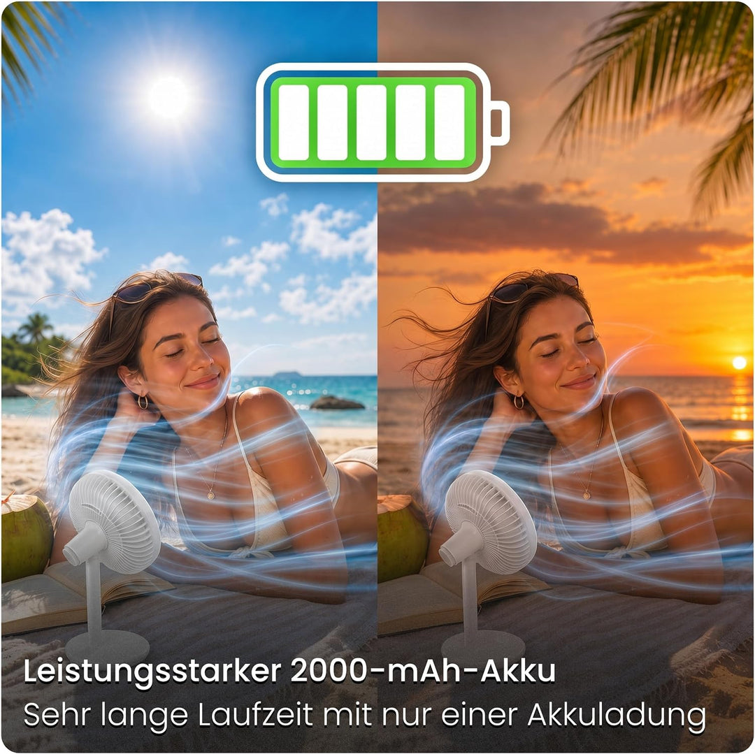 Tischventilator sehr leise - 7-Flügel USB Ventilator Akku 2000 mAh, Ø 14cm, 4 Modi, Naturwind, Bürst