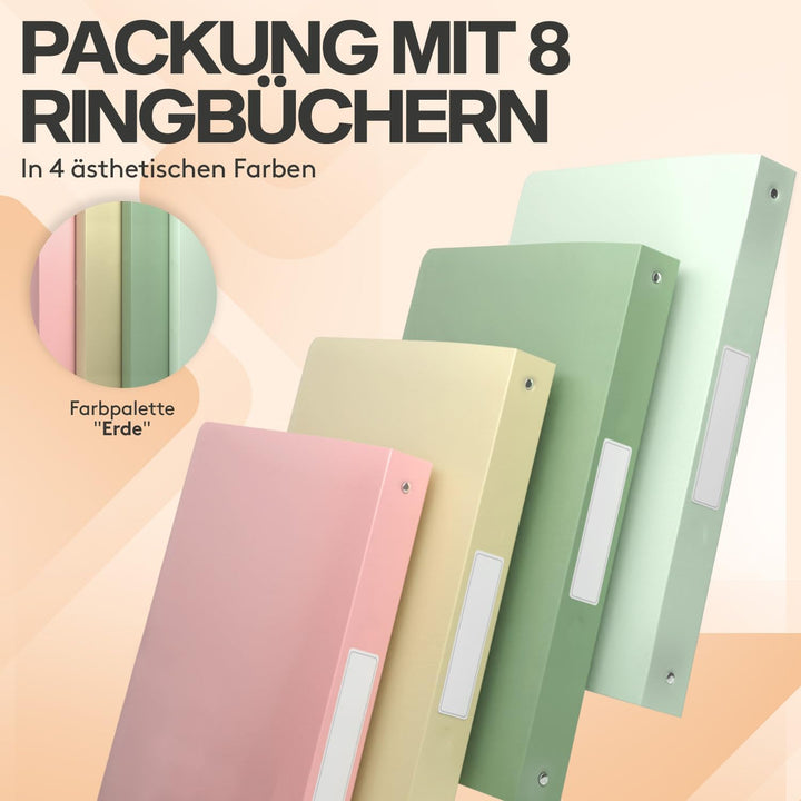 ACROPAQ - 8 x Ringbuch A4 | 4 Ringen | Mit Rückenetiketten, Rückenbreite 3,5 cm, Erde, Natur Farbkol