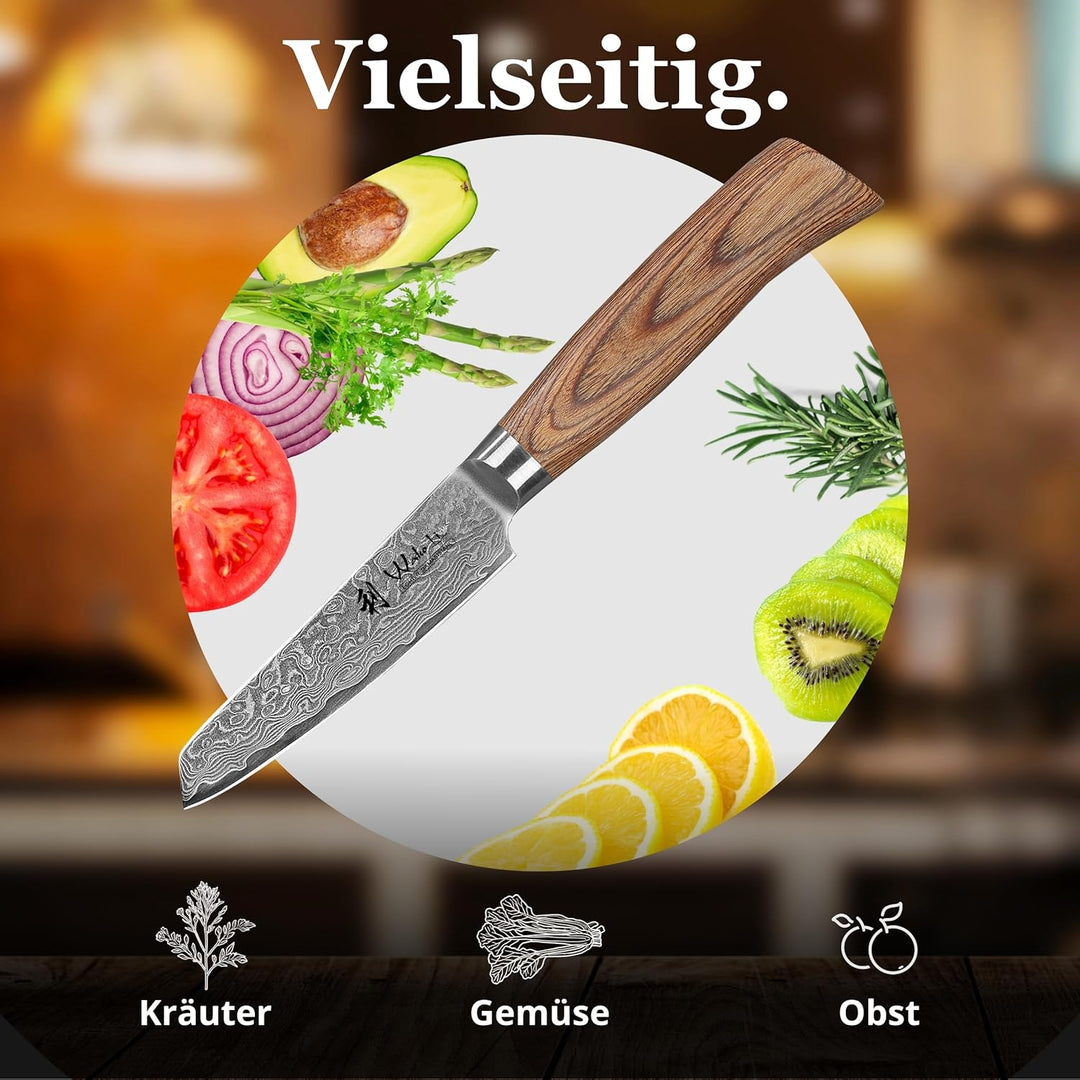 Wakoli EDIB Pro Gemüsemesser aus Damaststahl (VG10 Kern) mit 10 cm Schälmesser Klinge – scharf & erg