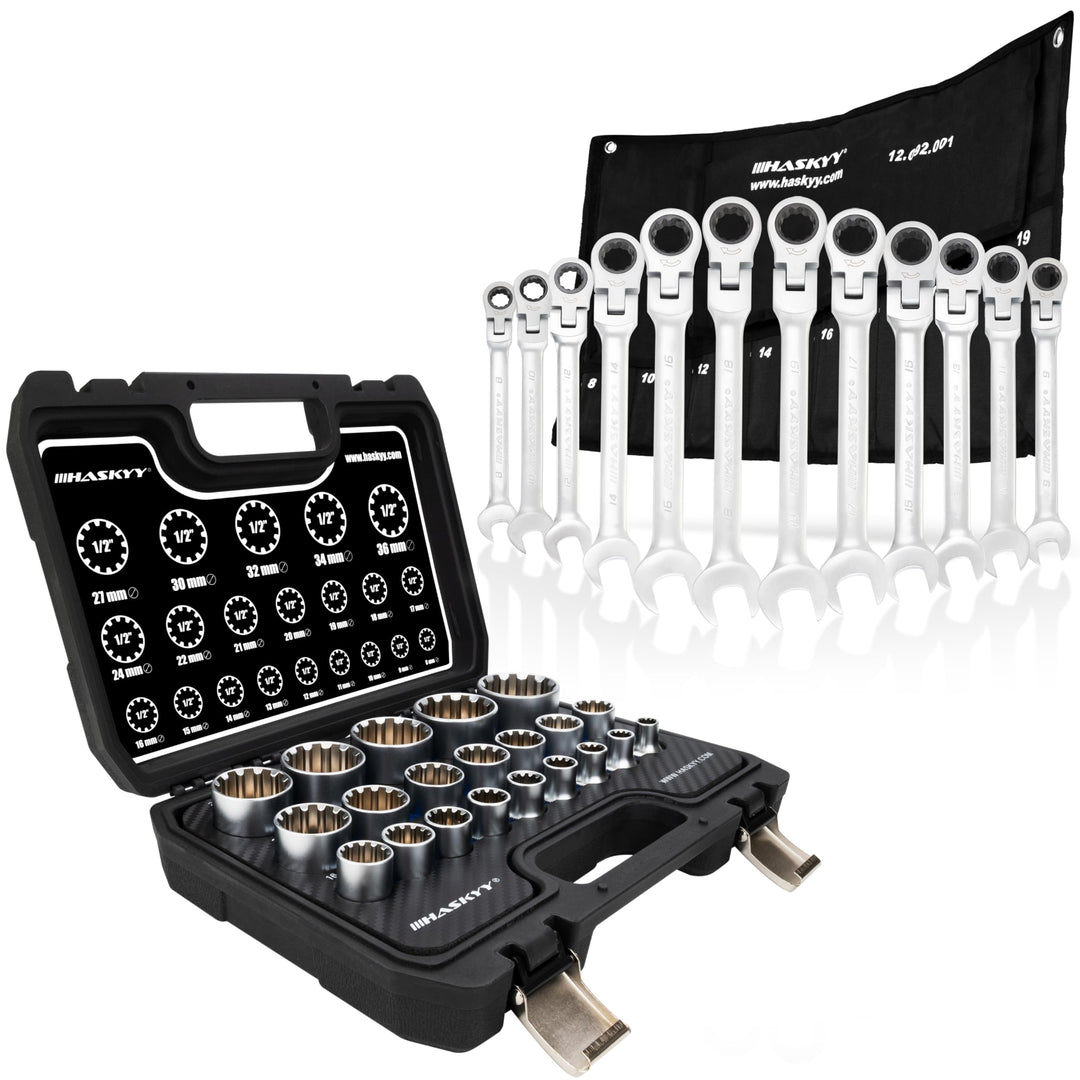 HASKYY Steckschlüssel Set Vielzahn XZN - 1/2" Steckschlüsselsatz 8-36mm 12-Kant & Gelenk-Maul-Ring R