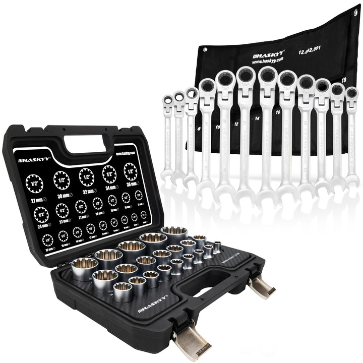 HASKYY Steckschlüssel Set Vielzahn XZN - 1/2" Steckschlüsselsatz 8-36mm 12-Kant & Gelenk-Maul-Ring R