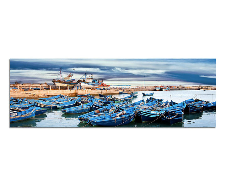 Paul Sinus Art Panoramabild auf Leinwand und Keilrahmen 150x50cm Marokko Meer Hafen Boote Wolkenhimm