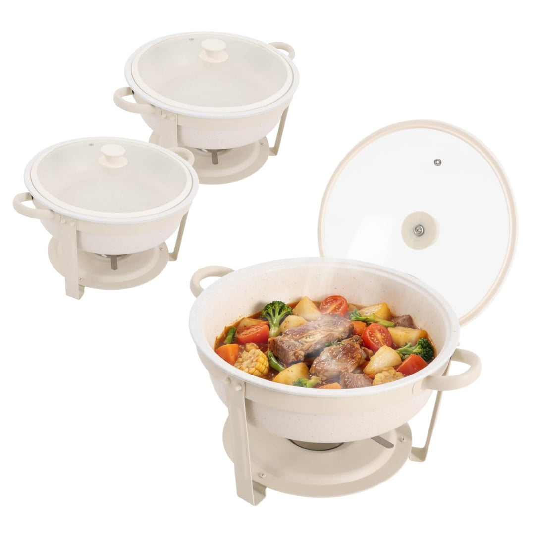 2er Warmhaltebehälter Essen, 5L Rund Edelstahl Chafing Dish Set mit Glasdeckel, Kalt &amp; Heiss Stapelb