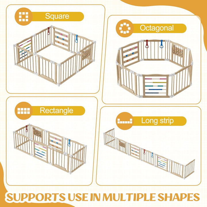MSFE Laufstall Baby Faltbar Holz,8 Paneele Wooden Baby Playpen Verstellbare Multi-Shape & Grösse mit