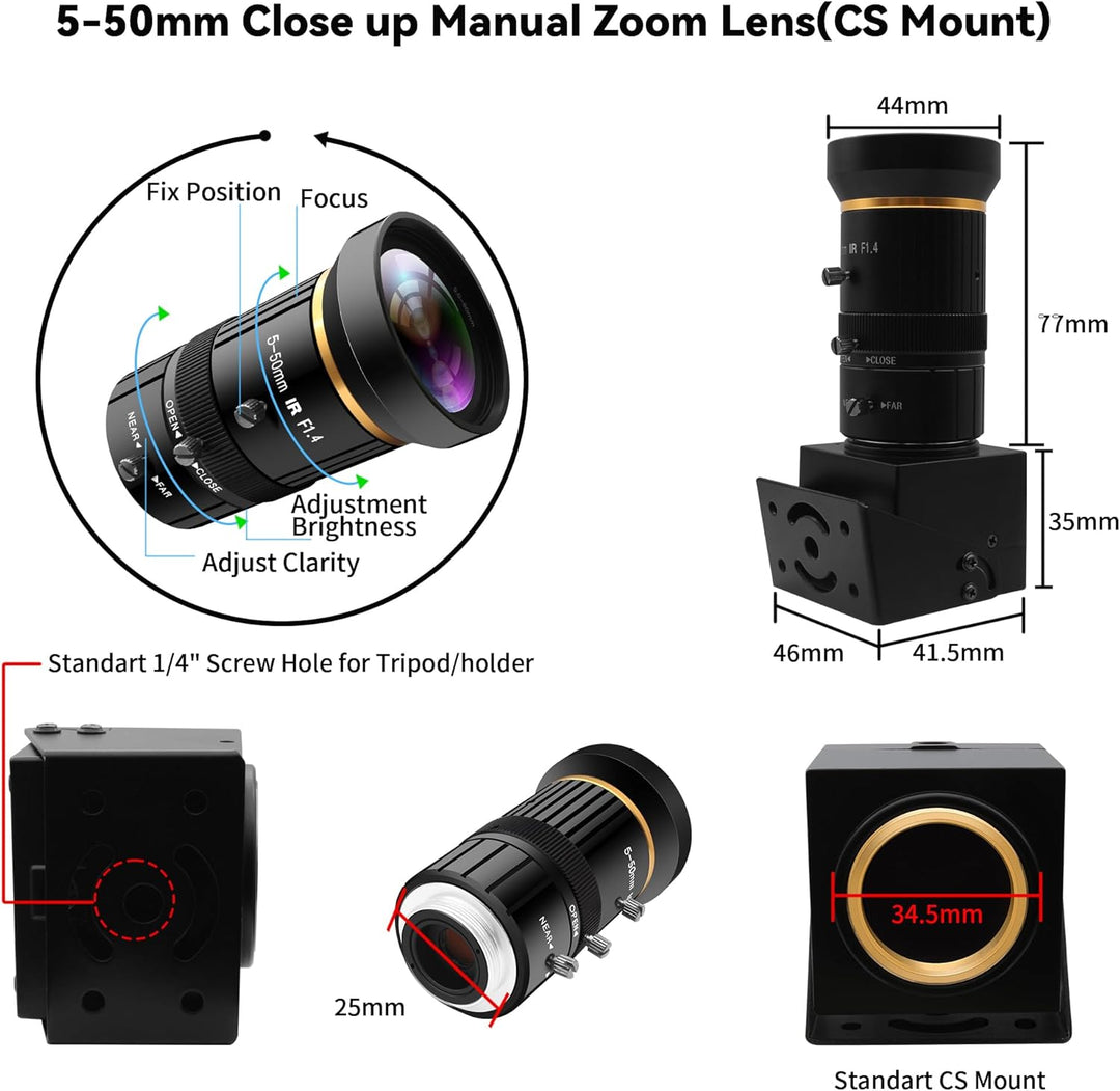 ELP 5 Megapixel USB Kamera 1944P 30fps Farb Industrie Tele Webcam mit CS-Mount 5-50 mm 10-Fach manue