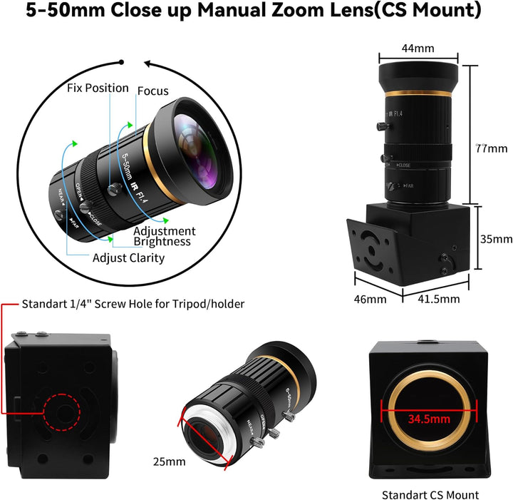 ELP 5 Megapixel USB Kamera 1944P 30fps Farb Industrie Tele Webcam mit CS-Mount 5-50 mm 10-Fach manue
