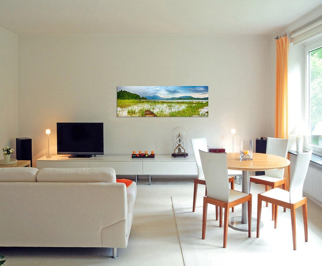 Paul Sinus Art Panoramabild auf Leinwand und Keilrahmen 150x50cm See Gras Boot Berge Landschaft Dämm