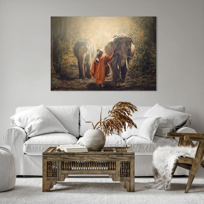 Bilder auf Leinwand 100x70cm Leinwandbild Elefant Mönch Dschungel Gross Wanddeko Bild Schlafzimmer K