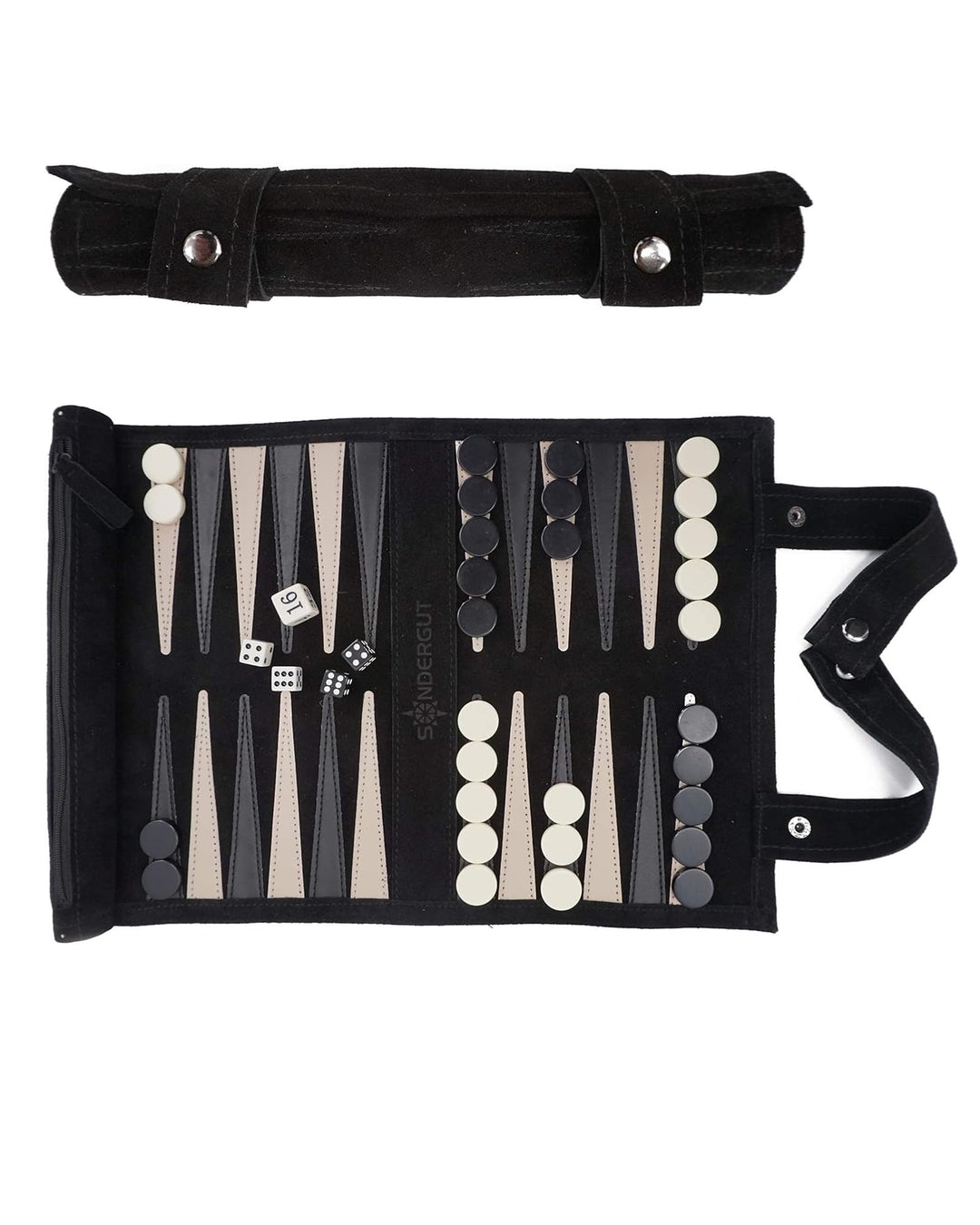Sondergut - Backgammon (Black) / Echtleder Roll-Backgammon/Reisespiel für Erwachsene und Kinder/für