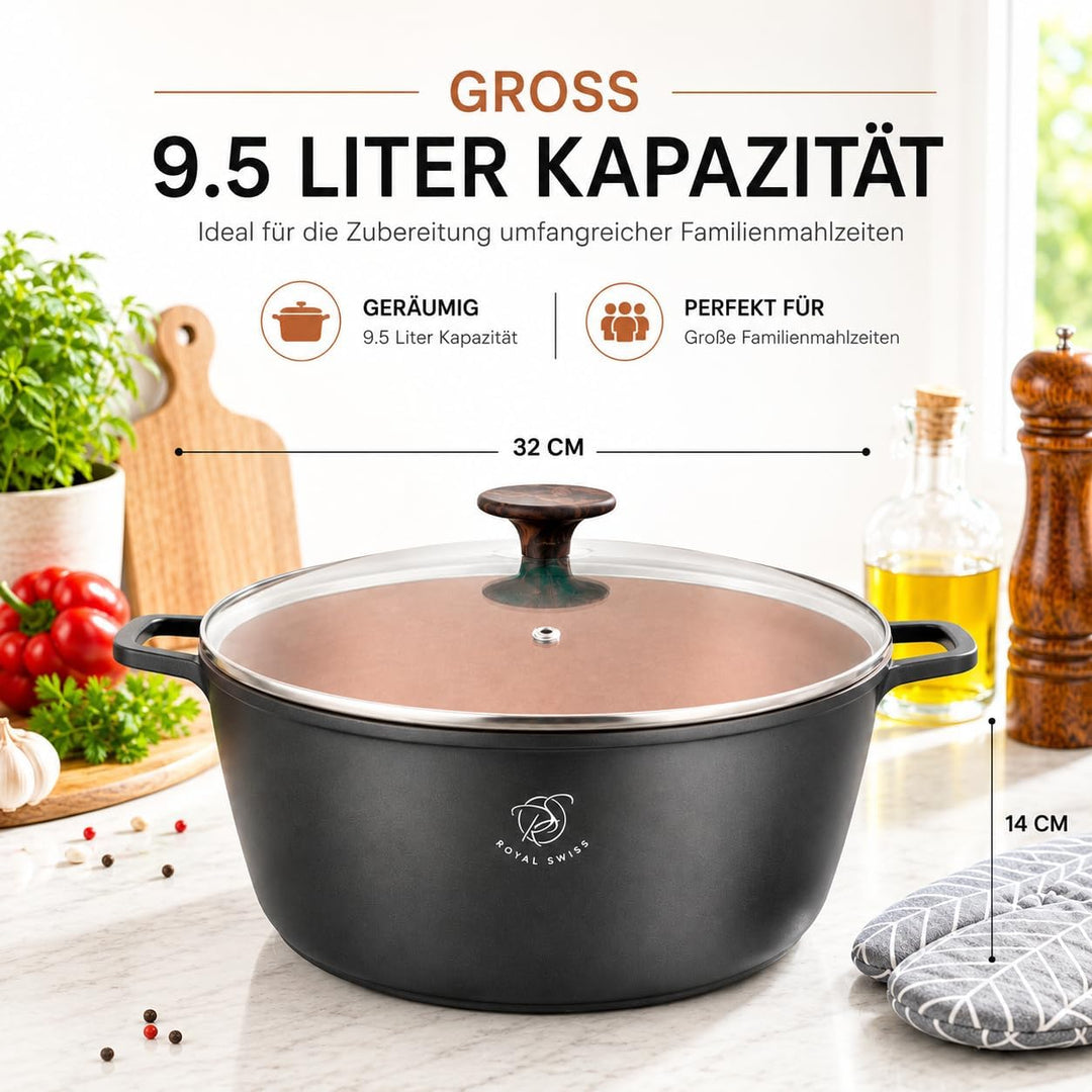 Royal Swiss Kochtopf Ø 32 cm 9,5 L xxl, Aluminiumguss Topf mit Marmor-Antihaftbeschichtung, Induktio
