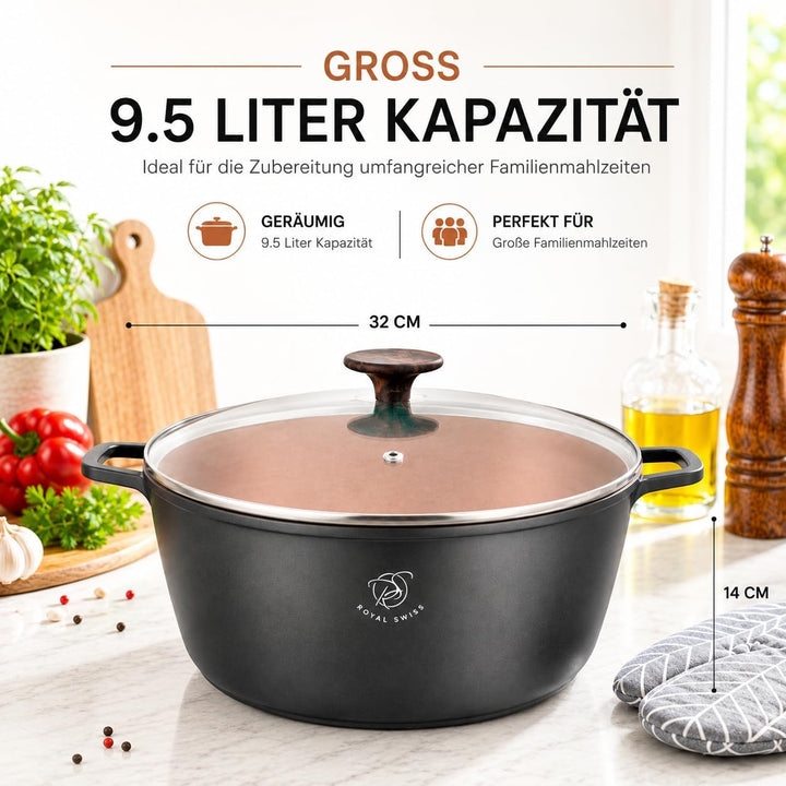 Royal Swiss Kochtopf Ø 32 cm 9,5 L xxl, Aluminiumguss Topf mit Marmor-Antihaftbeschichtung, Induktio