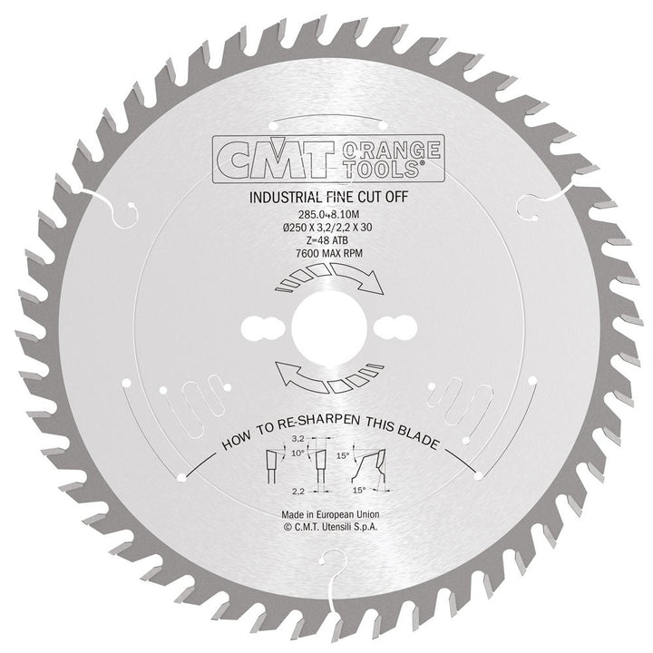 CMT Orange Tools Kreissägeblatt HW 250 x 3,2 / 2,2 x 30 Z=48 10° ATB - 285.048.10M - für Querschnitt