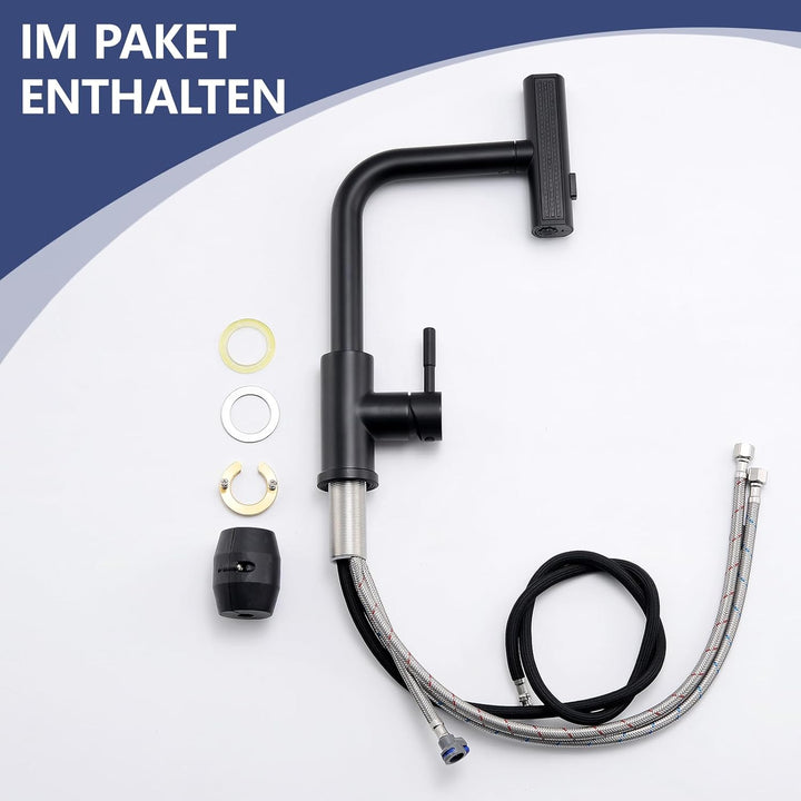 AIMADI Küchenarmatur ausziehbar Schwarz, Wasserhahn Küche mit 3-Wege-Duschbrause & 38cm Schlauch, Ei