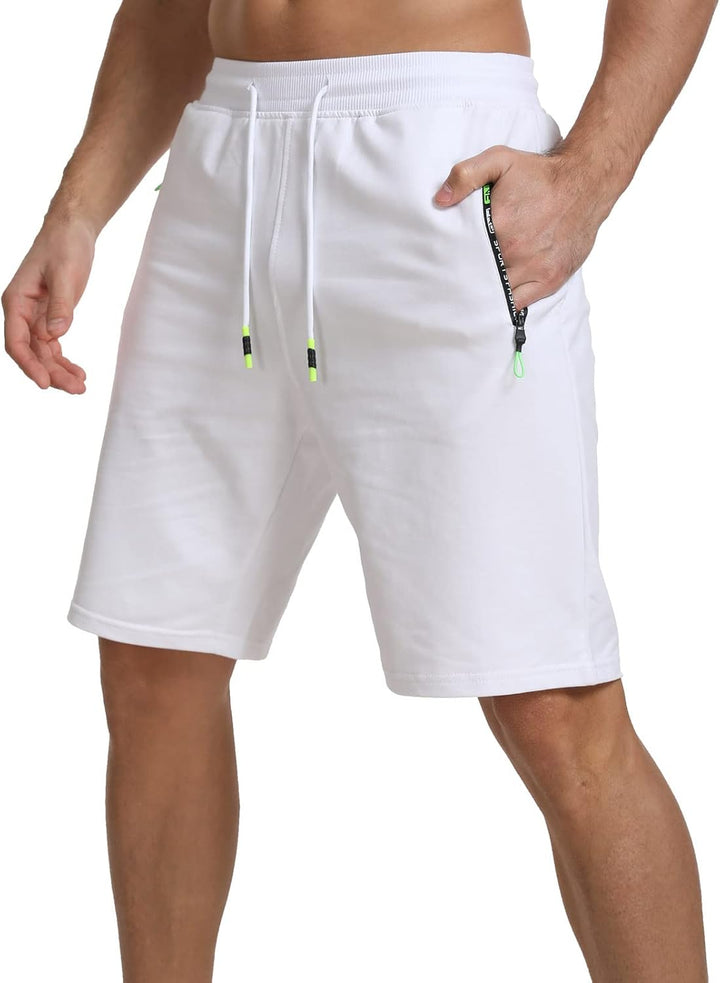 JustSun Herren Shorts Kurze Sporthose Baumwolle Stretchstoff mit Reissverschluss, M Wei&amp;