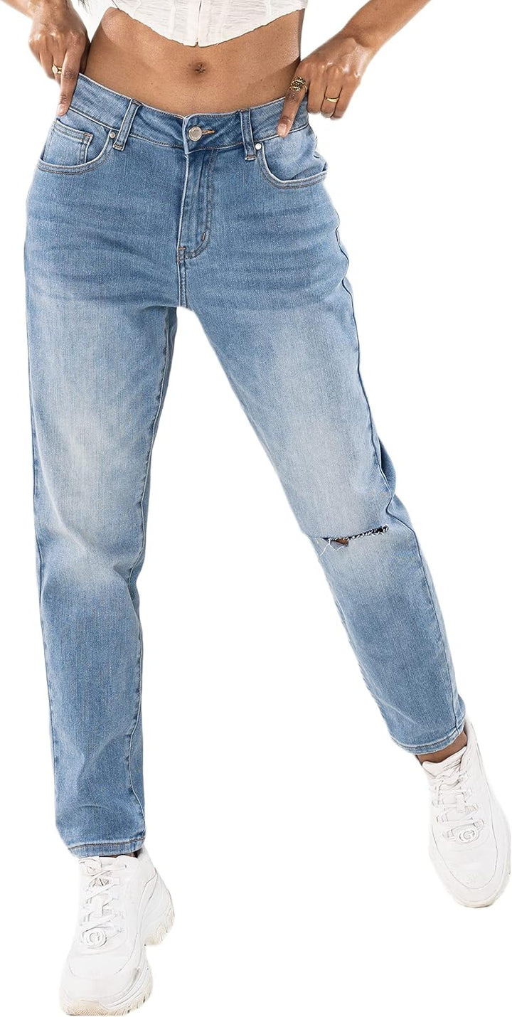Nina Carter Damen Boyfriend Jeanshosen High Waist MOM Jeans Cutted Knee Used-Look Waschungseffekt XS