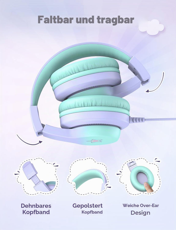 iClever Kinder Kopfhörer, Kinderkopfhörer mit Kabel 85dBA Sichere Lautstärke, HS19S Stereo-Sound Ove
