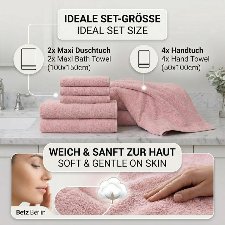Betz Berlin 6er Set 2X Maxi Duschtuch 100 x 150 cm 4X Handtuch 50 x 100 cm 100% Baumwolle Farbe Lotu