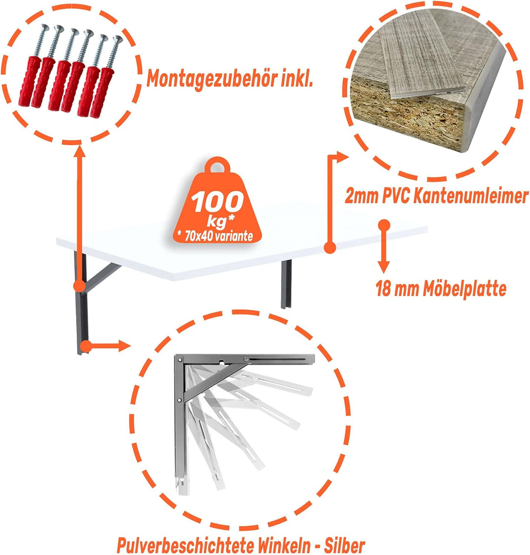 mikon 90x50 | Wandklapptisch Klapptisch Wandtisch Küchentisch Schreibtisch Kindertisch | Weiss 90x50