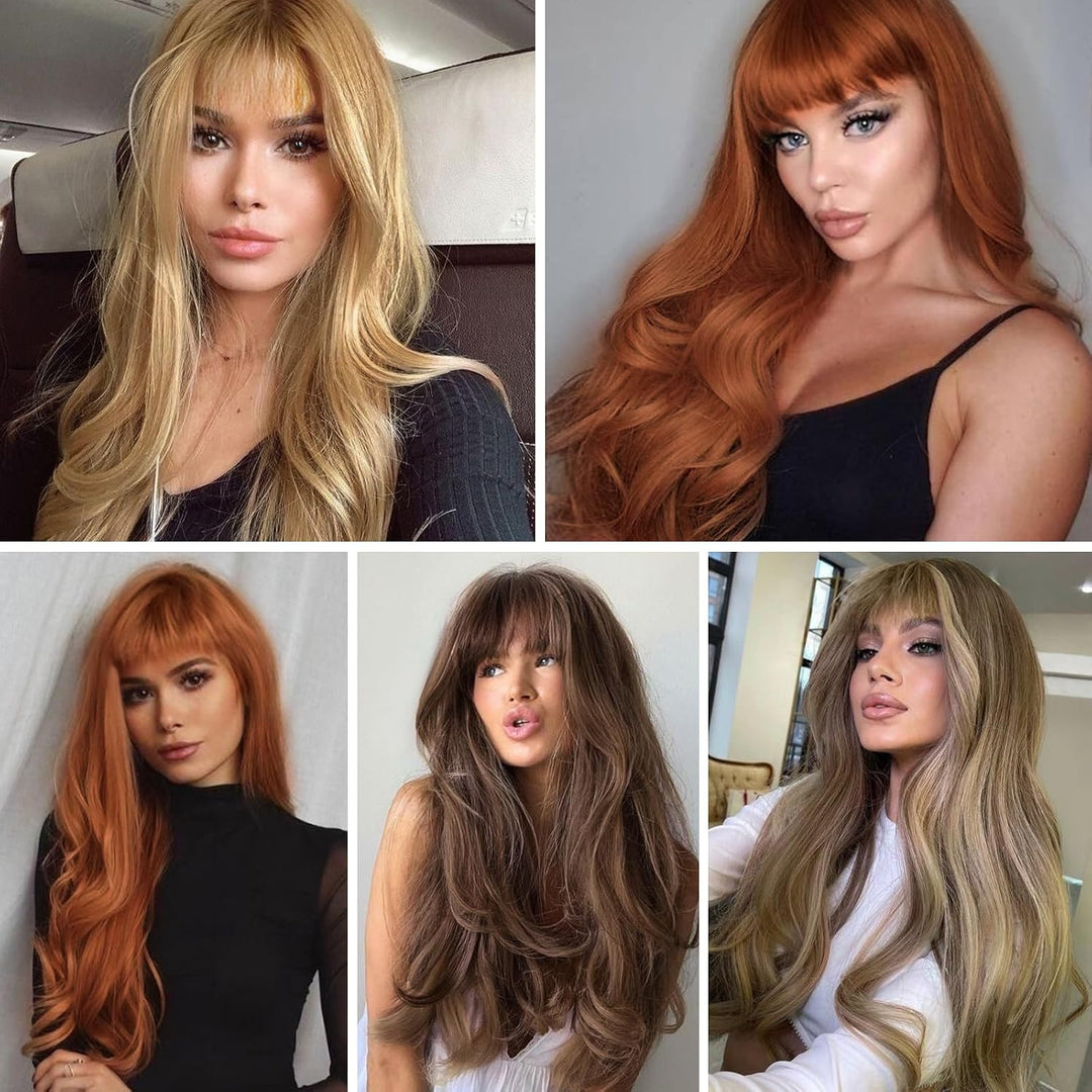 HAIRCUBE Auburn Perücke mit Bangs für Frauen Auburn Lange Wellen Haar Perücke Curly Wellen synthetis