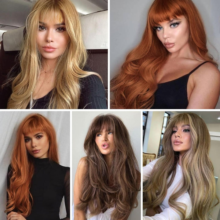HAIRCUBE Auburn Perücke mit Bangs für Frauen Auburn Lange Wellen Haar Perücke Curly Wellen synthetis