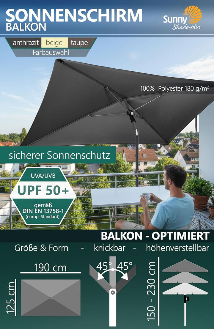 4smile Sonnenschirm Balkon SunnyShade 3-in-1 SET in Anthrazit - UPF 50+ Sonnenschirm rechteckig 200