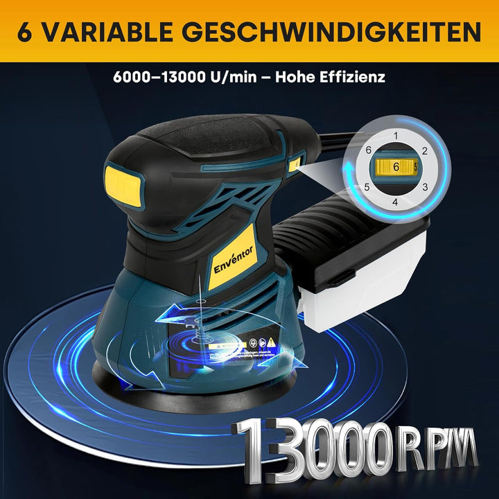 Enventor Exzenterschleifer 125mm, 350W Schleifmaschine 6000-13000 OPM, 6 Gänge, Multischleifer mit A
