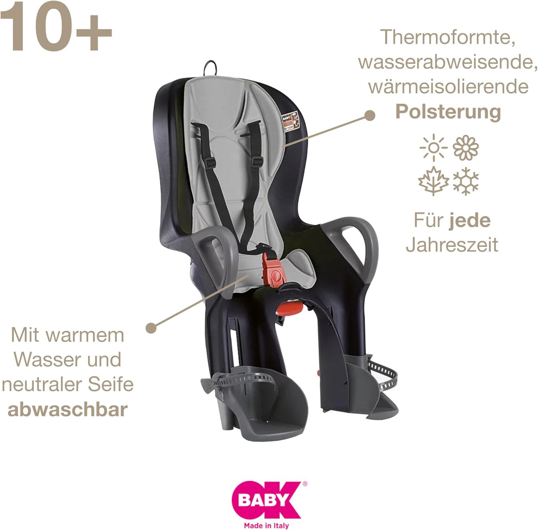 OKBABY 10+ - Fahrradsitz hinten für Kinder bis 22 kg mit Liegefunktion - Schwarz und Grau, Schwarz u