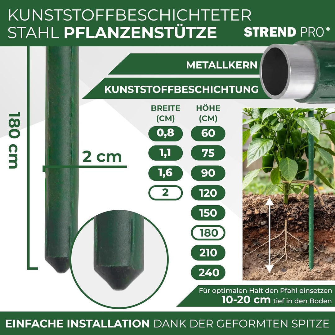 STREND PRO Pflanzstäbe 180 cm - 25 STK. Set | Ø 20 mm Stahl + Kunststoff | Rankstab Grün | Tomaten &