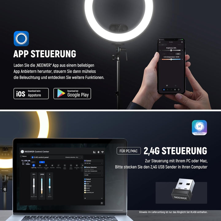 NEEWER 18" Ringlicht Set mit Randbeleuchtung, 45W 3300Lux 2900K-7000K 12 Szenen Ringleuchte mit APP