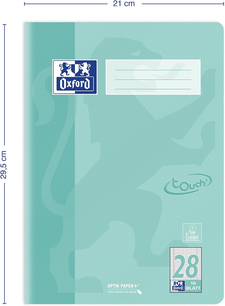 Oxford Schulheft A4 Touch, 16 Blatt, Lineatur 28, kariert, pastell grün, 15 Stück, Lineatur 28