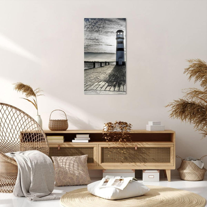 Bilder auf Leinwand 55x100cm Leinwandbild mit Rahmen See Leuchtturm Holzbrücke Wasser Gross Wanddeko