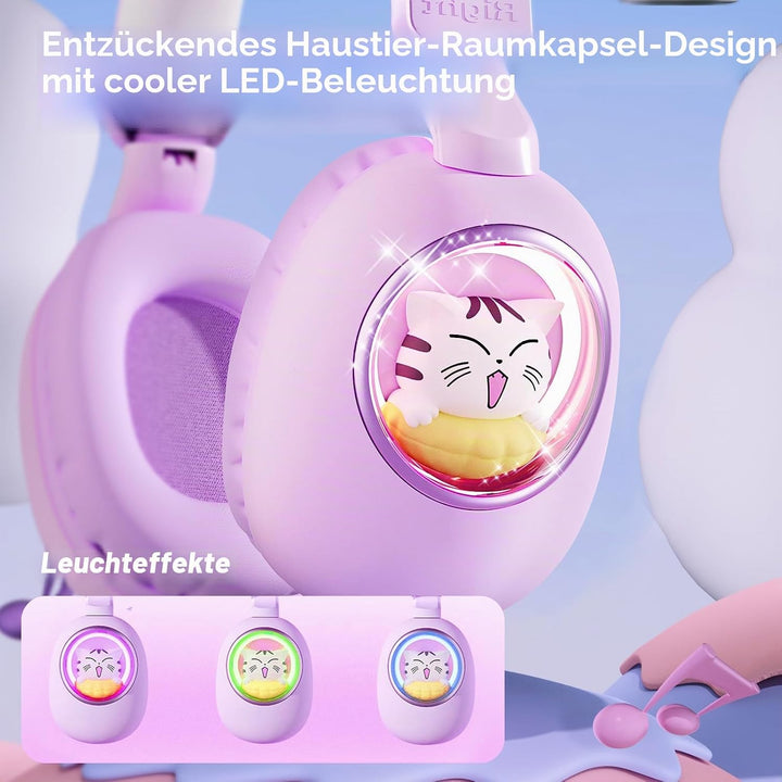 Kinder Kopfhörer mit Katzenohren, Bluetooth 5.4 Over-Ear Noise Cancelling Kopfhörer mit Mikrofon, LE
