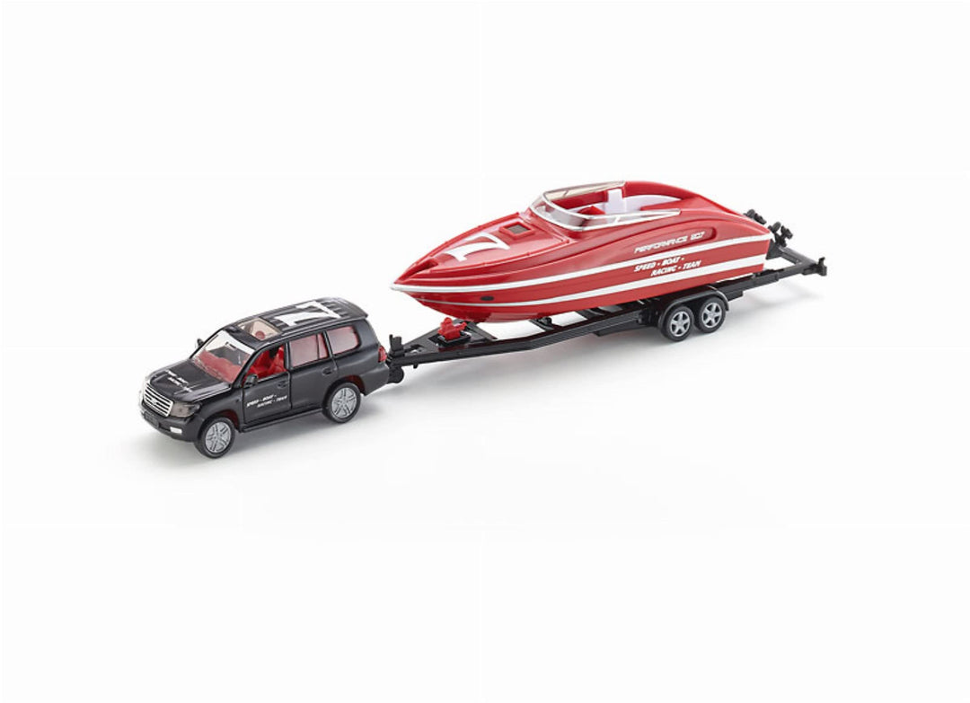siku 2543, PKW mit Motorboot, 1:55, Metall/Kunststoff, Schwarz/Rot, Schwimmfähiges Spielzeugboot, PK