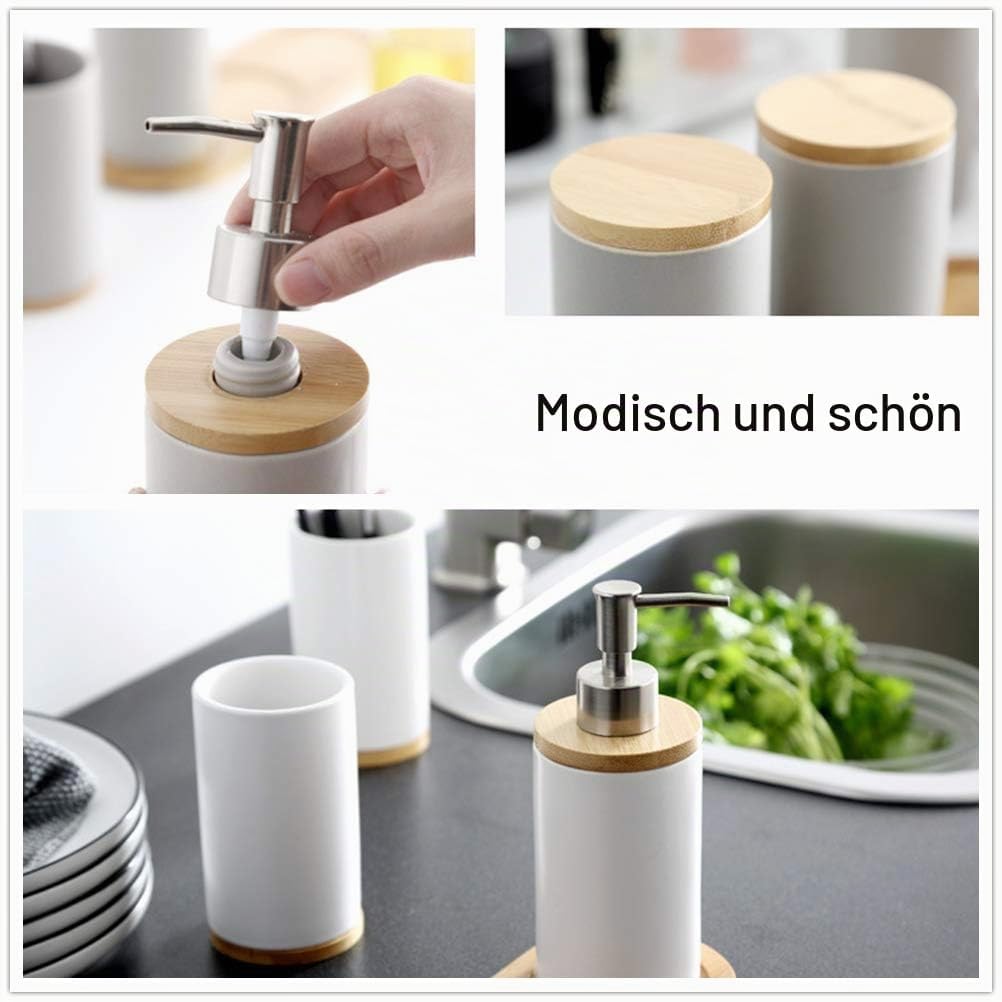 Badezimmer Accessoires Set Keramik, 4-teilig, Zahnbürstenhalter, Seifenspender, Bambus Fach, Zahnput