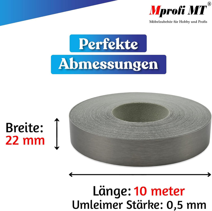 Mprofi MT® Kantenumleimer ABS Stahl Gebürstet | 22 mm x 10 m | Melamin Kantenband mit Schmelzkleber