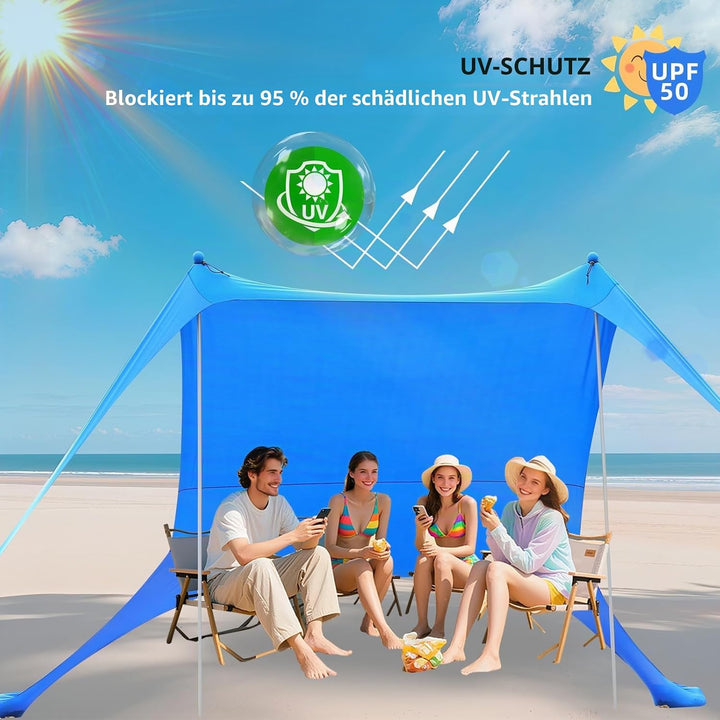 Strandzelt 2x2.1 m Pop-Up LSF 50 Sonnenschutz, Anti-Wind Strandmuschel mit Eisen Stabilitätsstangen