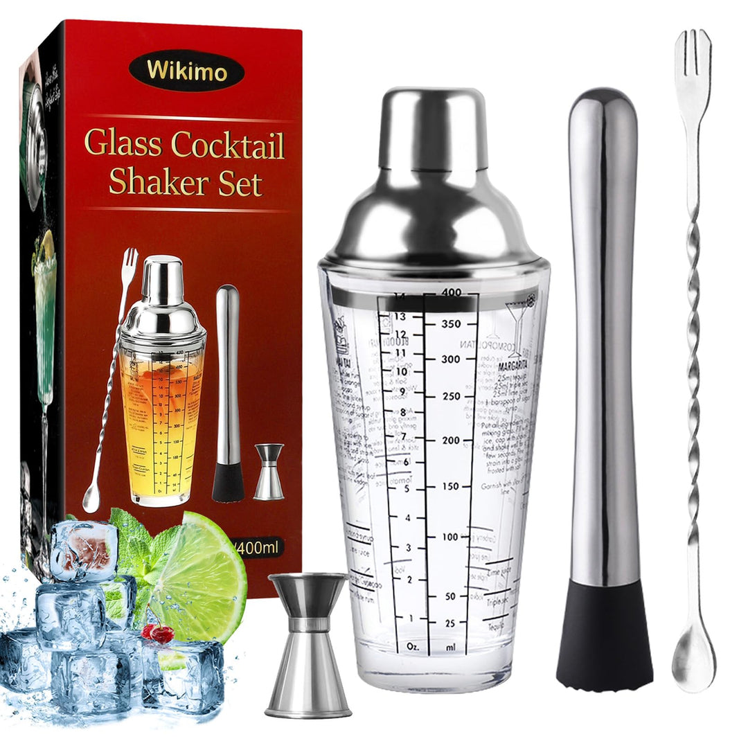 Cocktail Shaker, 400ml Professional Glas Cocktail Set, Cocktailshaker Zubehör Messbecher Coctail Mix