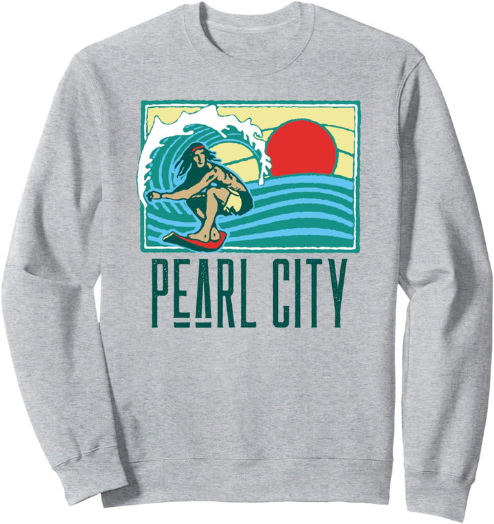 Pearl City Hawaii Vintage Surfer & Wave Retro Graphic Sweatshirt
