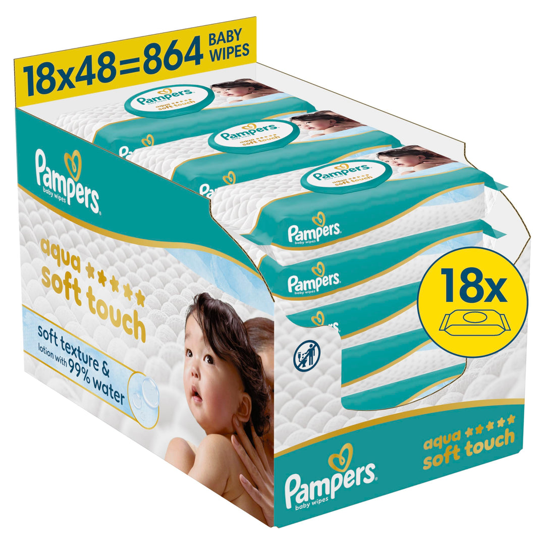 Pampers Aqua Soft Touch Baby-Feuchttücher, 18 Packungen mit 48 Feuchttüchern = 864 Baby-Feuchttücher