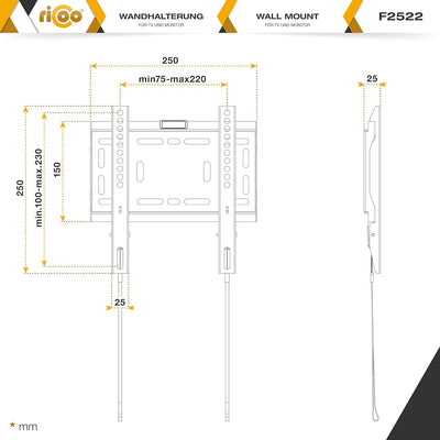 RICOO TV Monitor Wandhalterung Fernseher Flach Ultra Slim für 23-42 Zoll, Universal TV Halterung F25