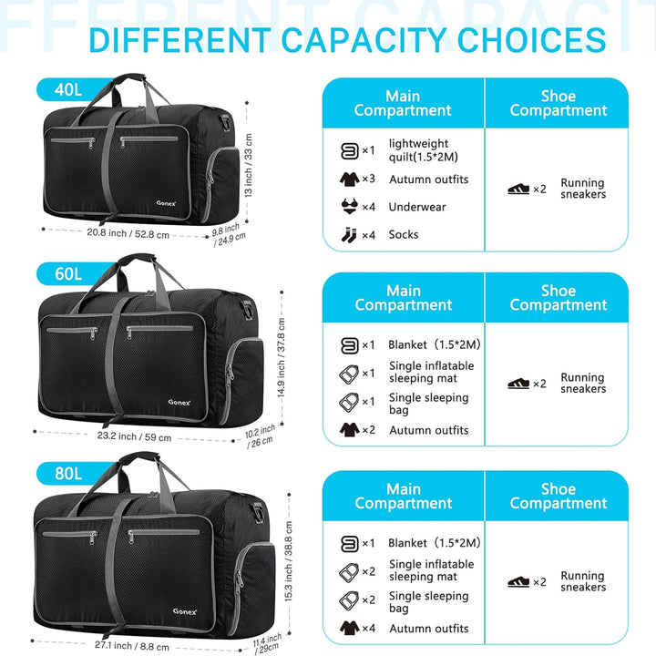 Gonex Faltbares Reisegepäck Leicht 40/60/80/100/150L Grosse Reisetasche Sporttasche für Reise Gym Ur
