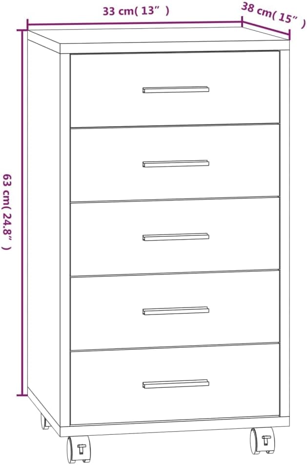 Nachttisch mit 5 Schubladen, Beistellschrank mit Rollen, Kleiner Schrank, Büroschrank, Rollcontainer