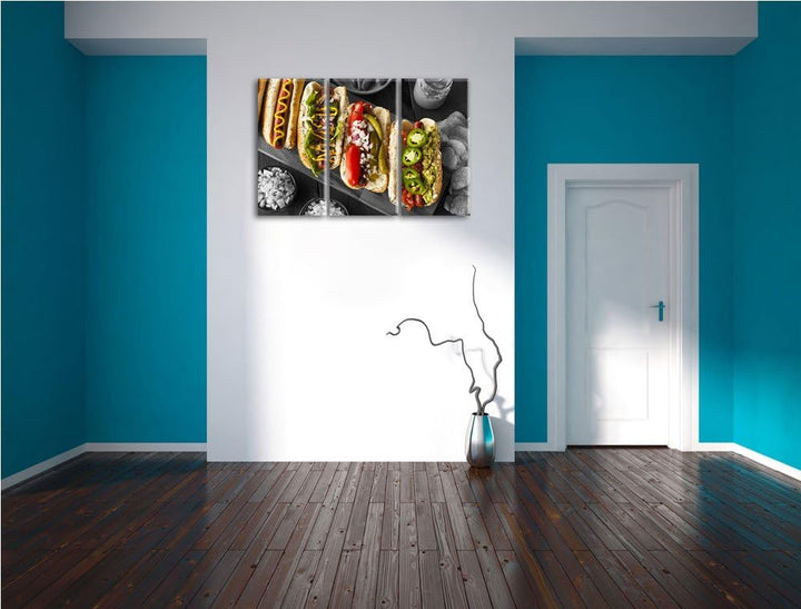 Delikate Hotdogs schwarz/weiss 3-Teiler Leinwandbild 120x80 Bild auf Leinwand, XXL riesige Bilder fe