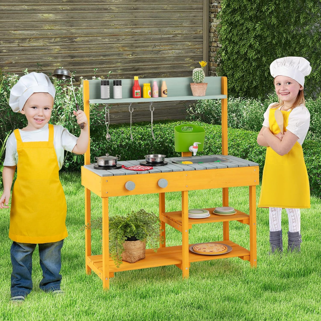 COSTWAY Matschküche Kinder Outdoor, Kinderküche Holz mit Wasserfunktion, Spielküche mit Haken & abne