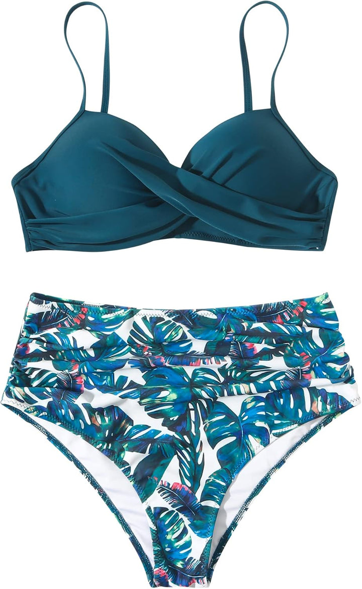 RXRXCOCO Damen Wickel Push Up Bikini Oberteil Bauchweg High Waist Bikini Set Bademode M Blau Geblümt