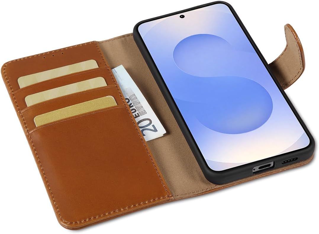 LENSUN Lederhülle für Samsung Galaxy S25 Echtleder, Handyhülle [Brieftasche][RFID Schutz][Standfunkt