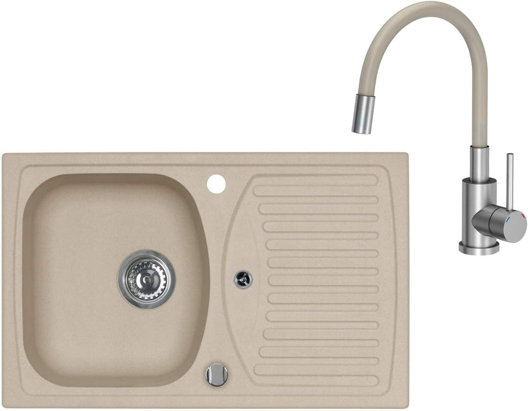 VBChome Spülbecken mit Armatur 78 x 48 cm Beige Granit Einzelbecken Einbauspüle Abtroffläche gespren