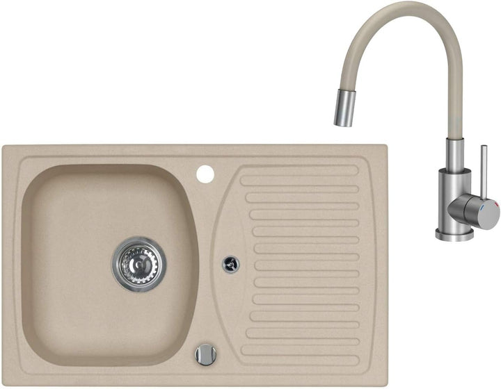 VBChome Spülbecken mit Armatur 78 x 48 cm Beige Granit Einzelbecken Einbauspüle Abtroffläche gespren
